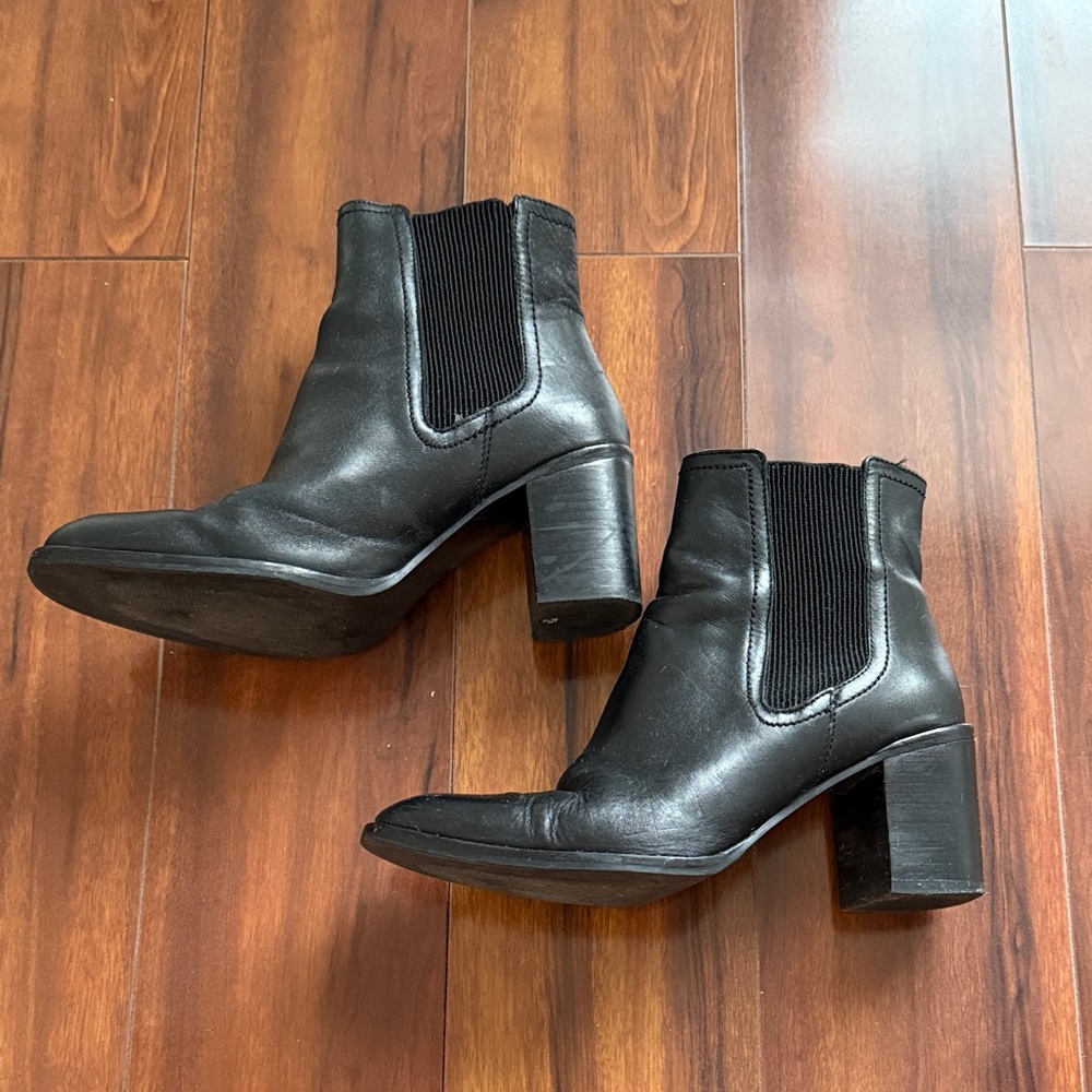 Zara Black Leather Ankle Booties with Block Heel